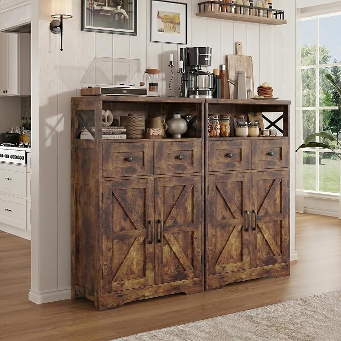 Farmhouse Storage Cabinet Set of 2, Small Kitchen Pantry Coffee Bar Cabinet | Accent Buffet Cabinet Cupboard, 2 Drawers, Barn Doors & Adjustable Shelves, for Kitchen/Entryway/Bathroom, Rustic Brown