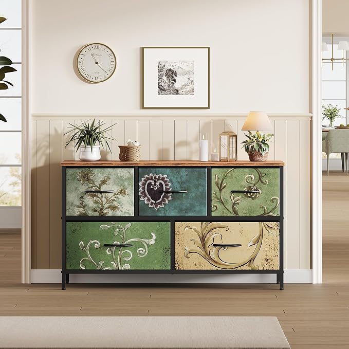 OLIXIS 5 Drawer Dresser for Bedroom, Storage Organizer Unit for Closet | Chest of Drawers for Clothes Storage with Bins, Wide Fabric Bedroom Dresser, Wooden Top, Living Room, Flower