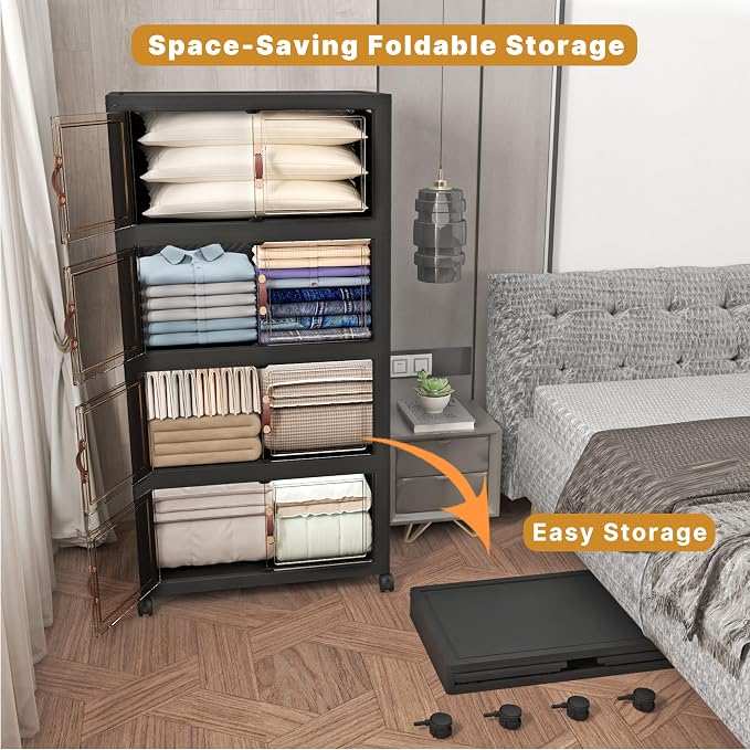 Stackable Storage Bins with Lids, 672QT Closet Organizers and Storage Cabinet with Doors & Wheels, Lockable Plastic Foldable Drawers for Bedroom Dorm Office Garage（168QT*4,Black）