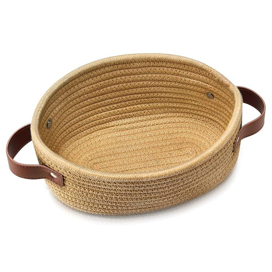ABenkle Small Woven Basket, Mini Cotton Rope Tiny Oval Shelf Decorative Toy Dog Cat Toy Storage for Nursery, Easter，Empty Gift Baskets, 9.4" x 5.9" x 3.9" XS