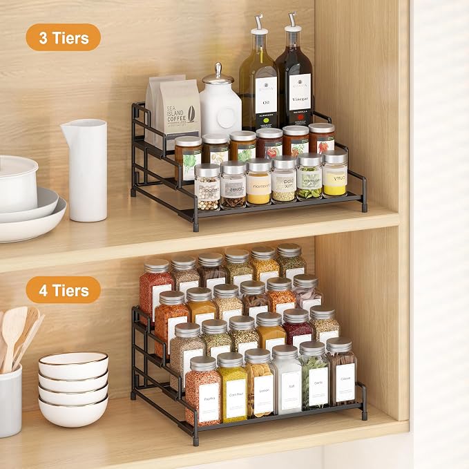 RUILALIFE 4-Tier-Spice-Rack-Organizer-for-Cabinet, Adjustable Depth Spice Holder Shelf For Countertop Pantry Cupboard, Metal Tiered Seasoning Organizer,Display Shelf Riser (Black-1 Pack)