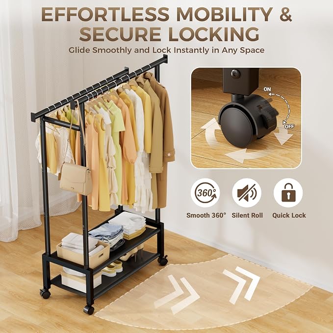 Double Rod Clothing Rack with 2 Shelves, Rolling, Black | All tools included, metal frame, 4 casters with 2 locking, for bedroom, laundry, and entryway