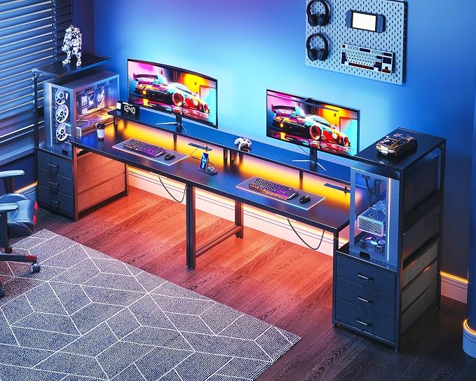 AODK 63 inch Gaming Desk with PC Display Stand, Reversible Steel Wood Computer Desk for Gaming Setup, Tiered Design to Show Off Your PC Tower & Accessories, Black
