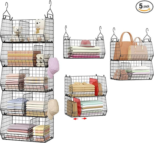 5 Tier Extra Large Closet Hanging Organizer with 5 Dividers,16.5"L x 11.8"W x 51.4"H Closet Organizers and Storage with 5 S Hooks,Clothes Organizer for Sweaters Clutches Handbags Hats Accessories