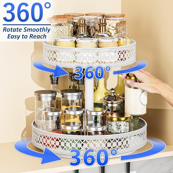 2 Tier Lazy Susan Organizer - Adjustable Rotating Spice Rack 12 inch | Floral Turntable Lazy Susan for Cabinet Pantry Kitchen Countertop Table Top Cupboard Bathroom Vanity Storage Metal White