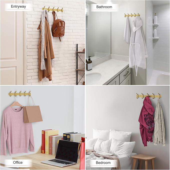 Brushed Gold Wall Mounted Coat Rack – 15 Inch Stainless Steel Rail with 5 Double Coat Hooks for Entryway, Bathroom, Bedroom, Kitchen – Modern Gold Hook Rack for Coats, Hats, Towels