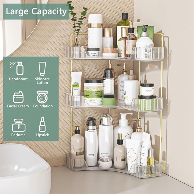 Webetop Corner Bathroom Organizer, 3 Tier Storage for Countertop | Multi Level Storage, Compact Design, Beauty Essentials Holder, Modern Style, Countertop Organization, Daily Convenience