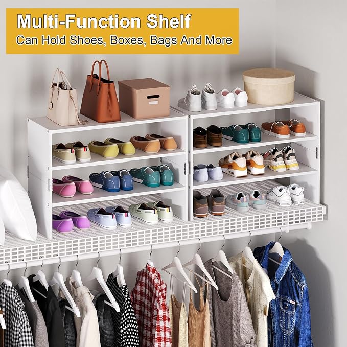 White Shoe Rack Organizer for Closet, 3-Tier Expandable Shoe Shelf, Stackable Iron Wood Combination Shoe Racks Shelves for Closets, Entryway,Small Space,Hallway,Garage,Holds 8-16 Pairs of Shoes