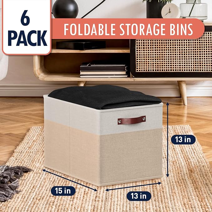Ornavo Home 13x15x13 Foldable Fabric Storage Cube Bins, 6 Pack, White/Khaki | Collapsible Linen Shelf Basket Organizer; Leather Handles; Fits Cube Storage Shelving Units