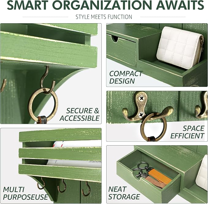 Rebee Vision Key Holder Wall Mount with 9 Key Hooks for Home Decor, Green | Pine Wood, Key Holder for Wall, Floating Shelf, Plant Display, Small Drawer Organizer, Mail Sorter, Entryway, Home Storage