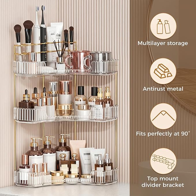 BEFSOP Corner Bathroom Counter Organizer, Upgraded 3-Tier Makeup Organizer Countertop with Makeup Brush Holder, Skincare Exquisite Vanity Organizers Countertop Bathroom Storage Dresser(CLEAR)