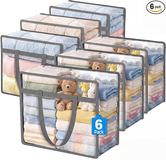 6 Pack Clear Storage Bags for Clothes, 40L Closet Organizers and Storage | Plastic storage with zipper and handle, moving bags, under-bed storage, closet organizer for blankets, comforters, toys