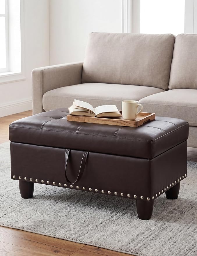 Ottoman with Storage, 28.5 inch Faux Leather Storage Ottoman with Padded Seat, Large Entryway Bench with Solid Wood Frame, Upholstered Sturdy Foot Rest for Living Room, Bedroom, Entryway