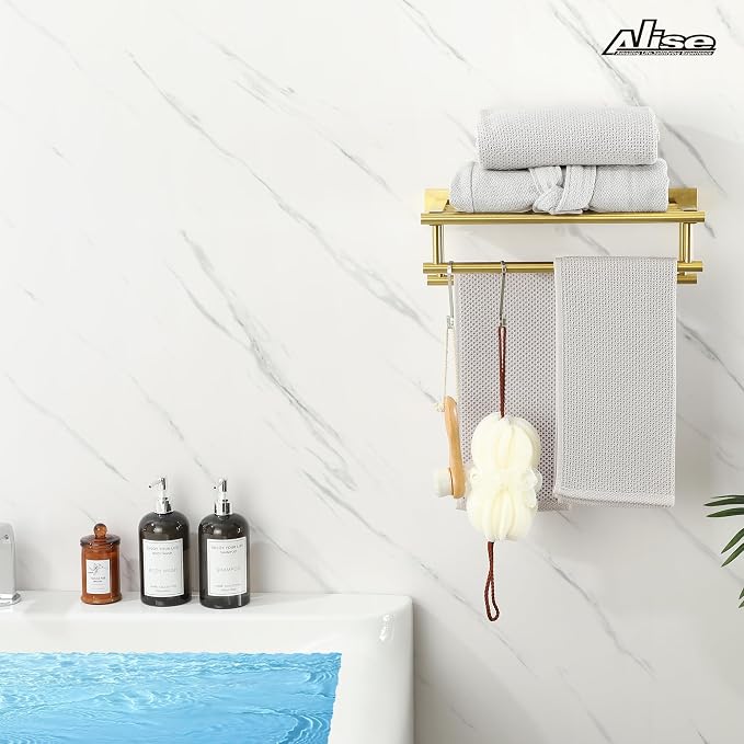 Alise Double Towel Rack for Bathroom Wall Mounted 16 Inch,Gold | Bathroom Tower Holder Towel Shelf with Double Towel Bars,SUS304 Stainless Steel Towel Rack with Shelf for Lavatory Kitchen