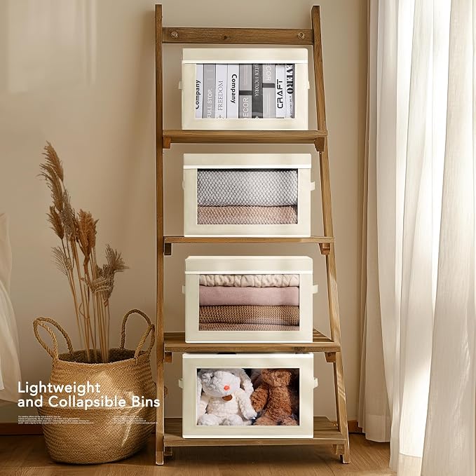Storage Bins with Lids - Fabric Closet Storage Bins with Window, Collapsible Baskets for Shelves 4 Pack, Home Decorative Boxes for Clothes, Closet, Office, Beige