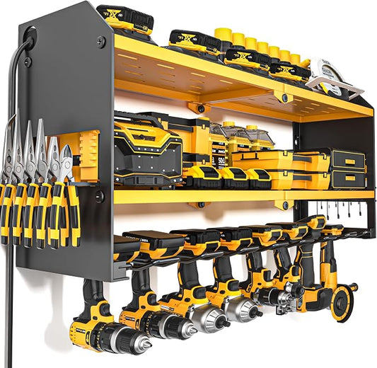 YYR Power Tool Organizer with Charging Station Wall Mount, Cordless Drill and Battery Holder for Garage Organization, Electric Tools Storage Rack Build in Surge Protection Power Strip - Yellow Shelf