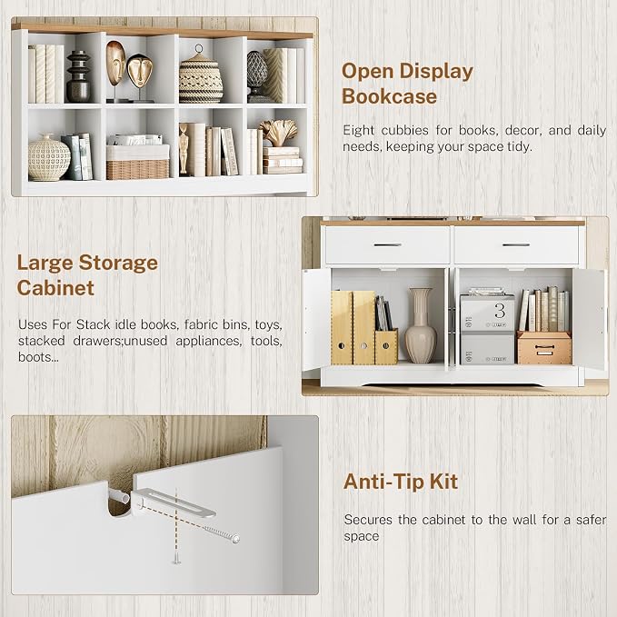 Storage Cabinet with Doors and Drawers, Pantry Cabinets, 5 Tier Floor Standing Bookshelves, Bookshelf and Bookcase, 8 Open Storage Shelves and Printer Stand for Study, Living Room, Office