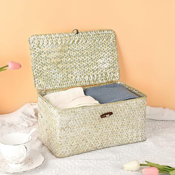 Hipiwe Seagrass Storage Basket Bins with Lid Handwoven Wicker Shelf Baskets | Rectangular Basket Household Organizer Boxes for Shelf Closet Bedroom Home Decor, Whitewash Medium