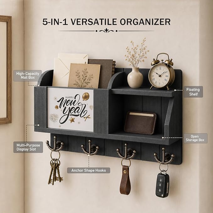 Rebee Vision Key Holder Wall Mount with Chalkboard for Entryway, Black | Key Holder for Wall, 4 Key Hooks, Floating Shelf, Key Hanger, Mail Organizer, Storage for Letters, Notes, Stylish Home Decor