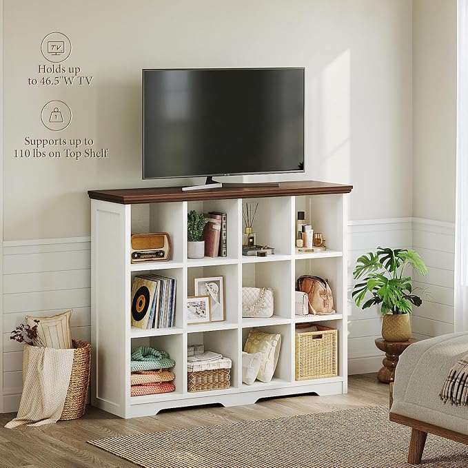 OffiGo 12 Cube Organizer Bookcase, Cube Shelf with Storage, Walnut + White | Modern Farmhouse Design, Open Cube Storage for Books & Decor, Display Shelf, Living Room, Bedroom, Home Office, Entryway