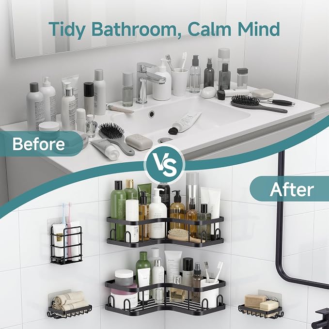 Veken Large Capacity Corner Shower Caddy 5-Pack, Advanced Rustproof Design | No Drilling Adhesive Shelves, Rack with Soap Holder & Hooks, Thickened Metal Frame, Bathroom Organizers and Storage, Black