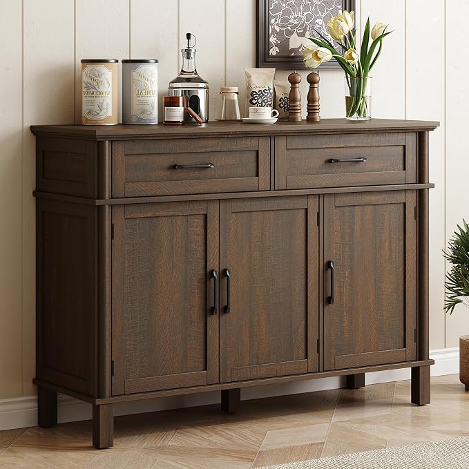 48 Inch Buffet Cabinet with Storage, Farmhouse Sideboard Buffet w/2 Drawers and 3 Doors, Wood Coffee Bar Cabinet with Adjustable Shelves, Sideboard Storage for Kitchen, Living Room, Brown