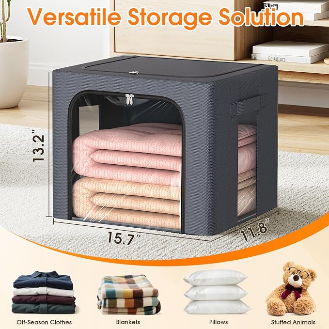 3 Pack Clothes Storage Bins with Metal Frame,40L Storage Bags Fabric Box Organizer with Clear Window,Zippers,Sturdy Handles(3 Pcs,Light Grey,40L)