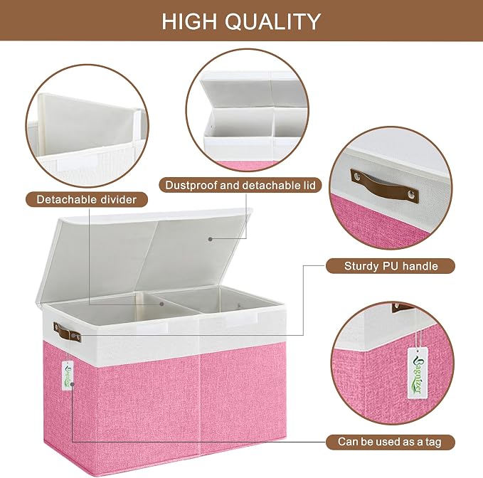 Bagnizer Large Toy Storage Box with Lids, Collapsible Sturdy Baby Storage Organizer Chest Bin Basket for Kids, Boys, Girls, Playroom, Nursery, Bedroom, Closet 25"x13"x16" (Pink and White)