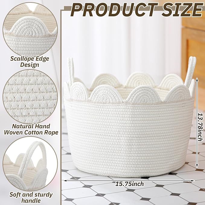 LemonRoad White Round Basket Large Blanket Basket 16" x 14" Scalloped Woven Baskets Cotton Storage Baskets for Nursery Classroom Closet Blankets Storage Home Decor