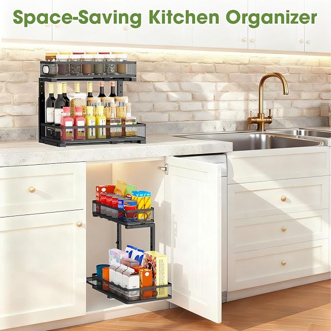 Under Sink Organizer 4-Pack, Metal 2-Tier Pull-Out Cabinet Shelf with Slide-Out Mesh Drawers, Height Adjustable, Space-Saving Storage Racks for Kitchen, Bathroom, Laundry Room