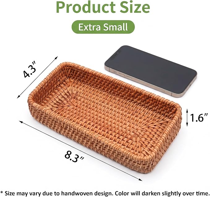 8 Inch Small Rattan Basket Natural Handwoven Tray for Keys Decor | Natural Handwoven Wicker Tray for Jewelry Keys Entryway Coffee Table Bathroom Vanity Wedding Christmas Housewarming Gift