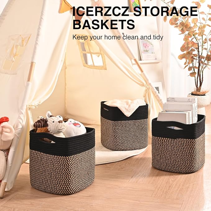 ICERZCZ 11 Inch Cube Storage Bins, Storage Cube Organizer Bins, Woven Cotton Rope Baskets for Storage, Storage Basket for Organizing Shelves, Square Baskets for Toys Nursery, Black & Jute (Pack of 3)