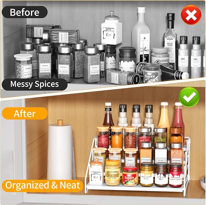 Spice Rack Organizer for Cabinet, Depth Adjustable 4 Tier Spice Rack,1 Pack | White, Metal Spice Organization for Cabinet, Easy Visibility, Tiered Spice Rack Perfect for Cabinet, Pantry and Countertop