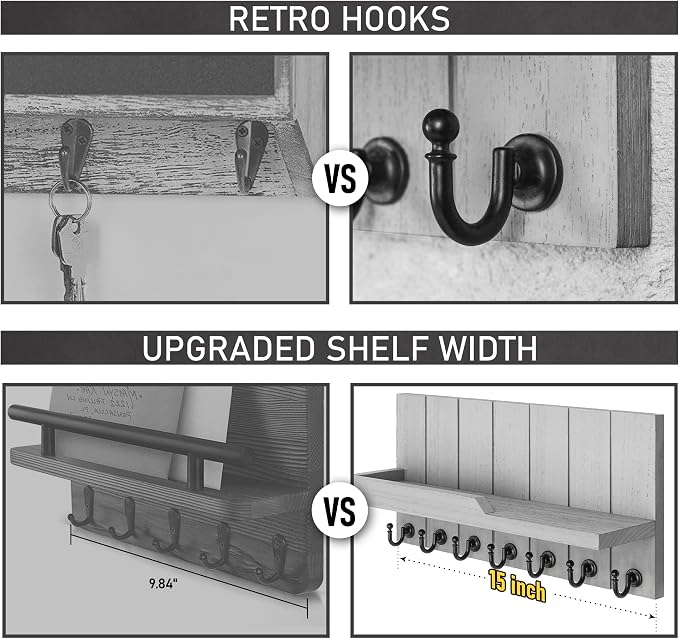 Rebee Vision Key Holder Wall Mount with 7 Hooks & Shelf for Entryway, Gray | Key Holder for Wall, Floating Shelf, Mail Organizer, Rustic Key Rack, Home Essentials for Home Improvement