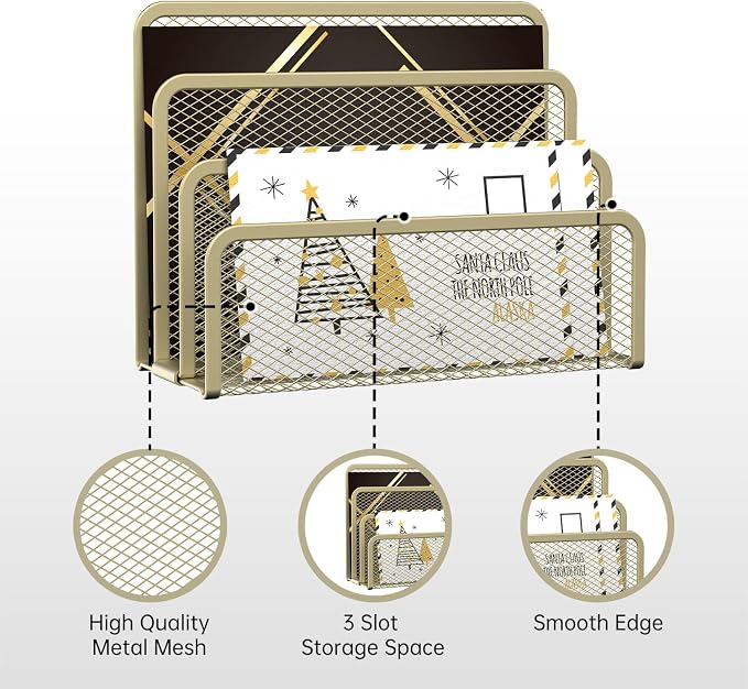 Mail Organizer Countertop for Desk, Mail File Holder with 3-Slot, Yellow | Metal Mesh Mail Sorter for Letters, Envelopes, Bills, and Files for Home Offices, Classroom Organization