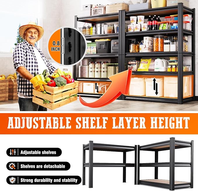6 Pack Garage Shelving Heavy Duty Storage Shelves, Metal Adjustable Shelving Unit, Utility Garage Organizer Shelf for Basement, Pantry, Kitchen, Warehouse, 78" Hx45.6 Wx19.7 D, Black
