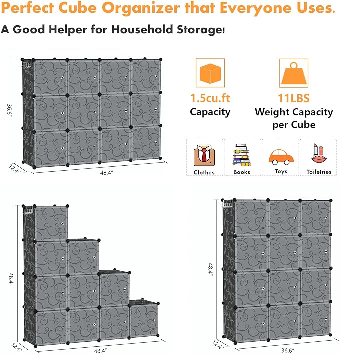 C&AHOME 12-Cube Storage Organizer with Door Cube Shelf Closet Cabinet Black | DIY Plastic Modular Bookshelf, Stackable Clothes Storage Shelving Ideal for Home, Bedroom, 36.6”L x 12.4”W x 48.4”H