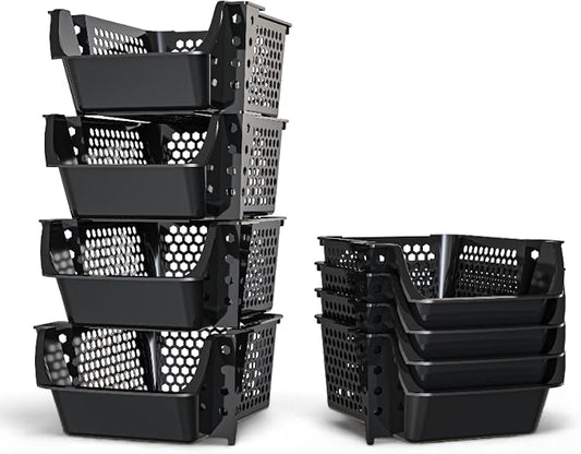 Skywin Stackable Storage Bins Open Front for Pantry Storage, 4 Pack - Black | Sturdy Plastic, Easy Stacking, Breathable & Open Front Design, Pantry Storage for Snacks, Toiletries, and Small Essentials