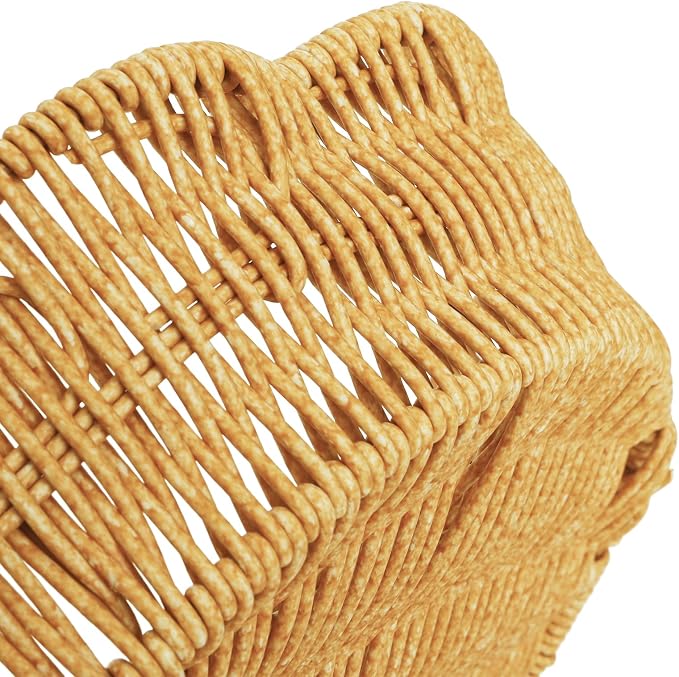 Jucoan 3 Pack Poly Wicker Bread Baskets, Imitation Rattan Fruit Baskets, Hand Woven Round Scalloped Tabletop Food Serving Basket Tray for Fruits, Vegetables and Snacks, Home Kitchen Bakery