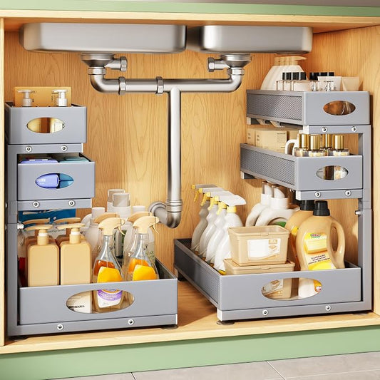 Kitstorack Under Sink Organizer 3-Tier Slide Out Drawer 2-Pack Grey | Height Adjustable, Metal Mesh Storage Rack, Pull out Cabinet Organizer Shelf for Bathroom Kitchen Pantry Home Organization