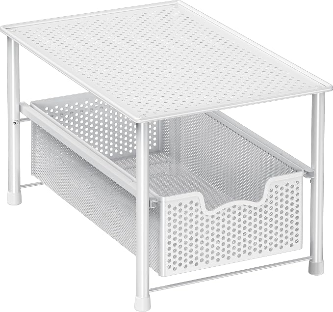 Simple Houseware Stackable Under Sink Sliding Basket Drawer, White | Perforated Free Standing Organizer, Kitchen/Pantry/Cabinet/Counter