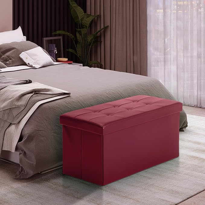 COSYLAND Ottoman Bench with Storage 30x15x15 inches White Ottoman for Room Folding Leather Footrest Footstool Rectangle Collapsible Furniture with Lid for Bedroom Living Room Burgundy