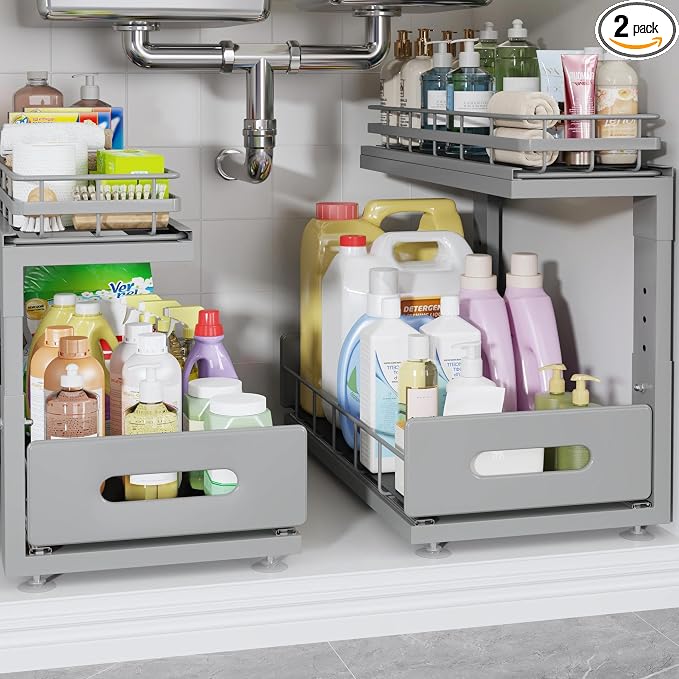 Under Sink Organizer Upgrade To Professional Rails,2-Tier Dual Pull Out Cabinet Storage,Height Adjustable Slide Out Drawers For Bathroom Kitchen,2 Pack-16.7"Dx12.8"-16.9"H,Gun Gray
