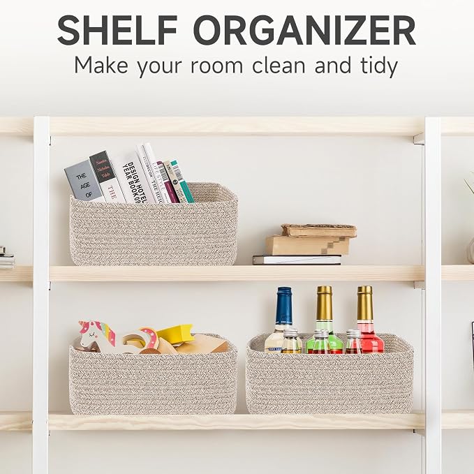 3-Pack Storage Baskets for Organizing | Woven Shelf Toy Basket | Rope Baskets for Gifts Empty | Closet Organizer Bins with Handles | Cube Decorative Box | 13.7×7.1×6.7” | Mixed brown