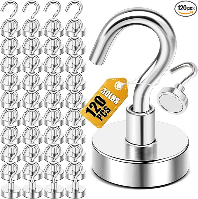 DIYMAG Magnetic Hooks 120pcs 30lbs Cruise Essentials 2026 Magnet Hook | Neodymium Heavy Duty Strong Magnets Hanging Ship Cabins Refrigerator Fridge Classroom Beach Vacation Kitchen Grills Home Tool