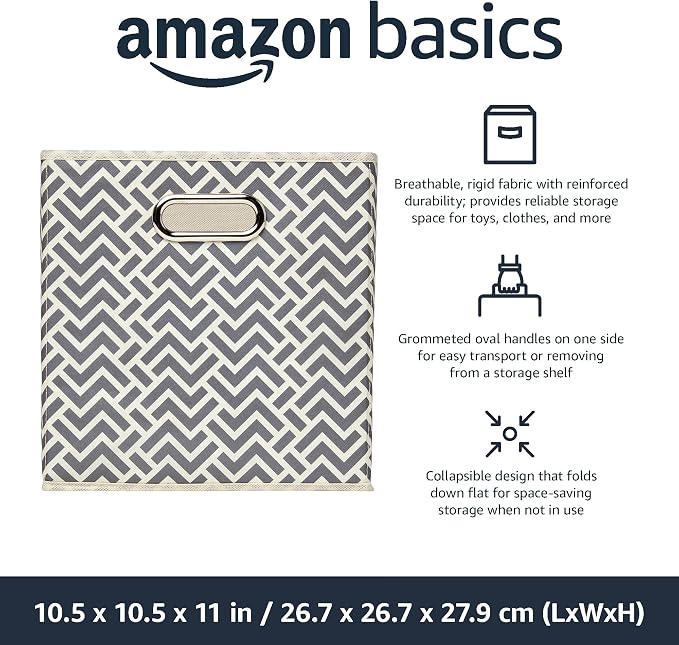 Amazon Basics Collapsible Storage Bins with Handle, Space-Saving, Breathable Cube Organizer, 10.5" x 10.5" x 11", Chevron Grey, 6-Pack