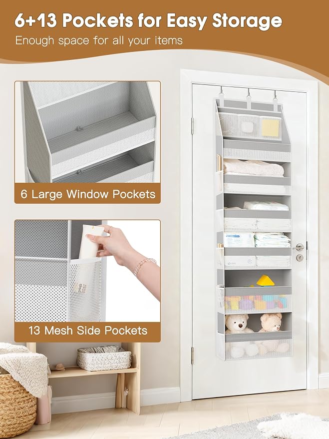 Criusia Over The Door Organizer, Heavy-Duty 6-Shelf Hanging Storage with 13 Mesh Pockets, 55lbs Capacity Behind The Door Storage for Nursery, Bathroom, Bedroom, and Dorm, Grey
