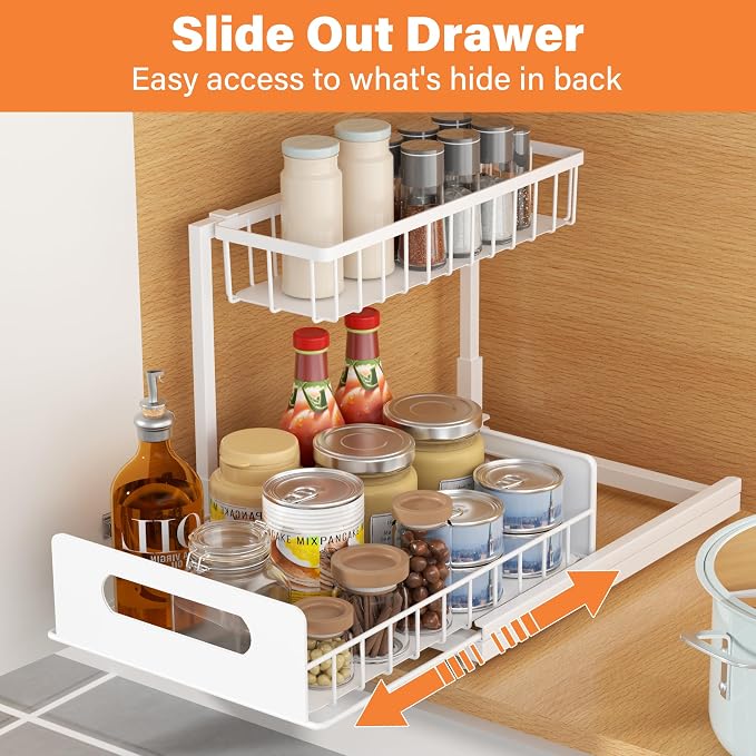 Under Sink Organizer, 2-Tier Pull-Out Metal Drawer, 2 Pack | White metal 2-pack with lower pull-out drawers and fixed upper baskets for kitchen, bathroom and cabinet storage
