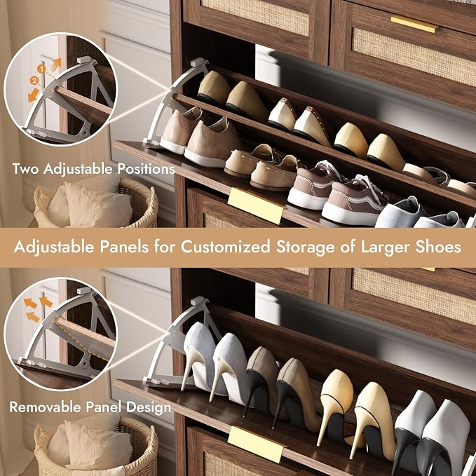 HOKYHOKY Rattan Shoe Storage Cabinet with 2 Drawers & 2 Flip Drawers | Hidden Slim Shoe Organizer, Farmhouse Boho Narrow Shoe Rack, Large Tabletop Space, Entryway, Walnut