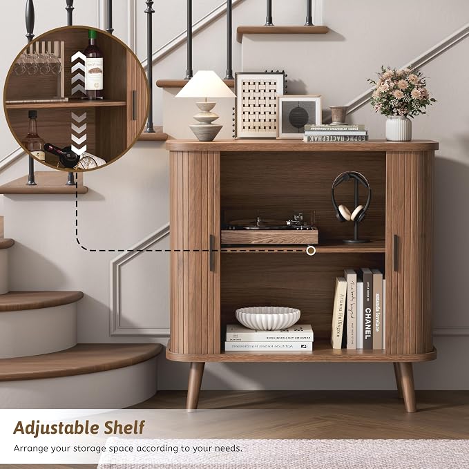 BORNOON Buffet Cabinet with Storage, Curved-Edge Fluted Storage Cabinet Sideboard, Modern Walnut Sideboard Buffet with Adjustable Shelves & Sliding Door for Dining Room, Kitchen, Entryway